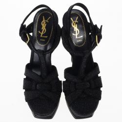 مملوكة مسبقًا Saint Laurent Paris Black Glitter Platform Tribute Sandals Size 37