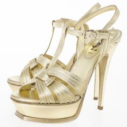 مملوكة مسبقًا Saint Laurent Paris Gold Leather Platform Tribute Sandals Size 36