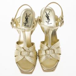 مملوكة مسبقًا Saint Laurent Paris Gold Leather Platform Tribute Sandals Size 36