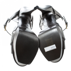 Pre Owned Saint Laurent Metallic Grey Leather Tribute Platform Sandals Size 37