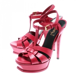 Pre Owned صندل سان لوران باريس نعل سميك تريبيوت جلد وردي مقاس 36.5