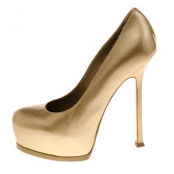 Pre Owned Saint Laurent Paris Gold Tribtoo Platform Pumps Size 36