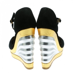 Pre Owned Saint Laurent Paris Black Suede Peep Toe Wedge Platform Sandals Size 39.5