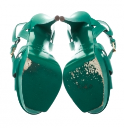 Pre Owned Saint Laurent Paris Green Leather Tribute Platform Sandals Size 36.5