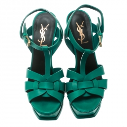 Pre Owned Saint Laurent Paris Green Leather Tribute Platform Sandals Size 36.5