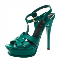 Pre Owned Saint Laurent Paris Green Leather Tribute Platform Sandals Size 36.5