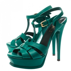 Pre Owned Saint Laurent Paris Green Leather Tribute Platform Sandals Size 36.5