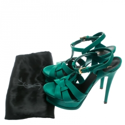 Pre Owned Saint Laurent Paris Green Leather Tribute Platform Sandals Size 36.5