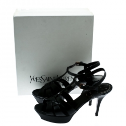 Pre Owned صندل سان لوران باريس تريبوت بنعل سميك جلد أسود مق اس 38.5