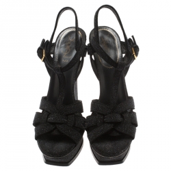 Pre Owned Saint Laurent Paris Black Textured Suede Platform Tribute Sandals Size 40