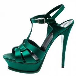 Pre Owned صندل سان لوران باريس تريبوت جلد أسود نعل سميك مقاس 40