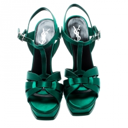 Pre Owned صندل سان لوران باريس تريبوت جلد أسود نعل سميك مقاس 40