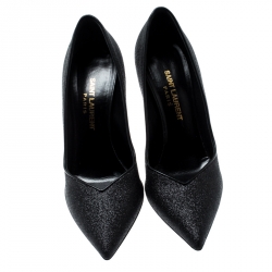 مملوكة مسبقًا حذاء كعب عالي سان لوران باريس غليتر وجلد أسود سكيني مقدمة مدببة مقاس 37