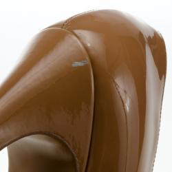 Pre Owned Saint Laurent Paris Beige Patent Leather 'Palais B 105' Peep Toe Bow Platform Pumps Size 39