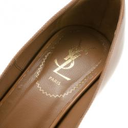 Pre Owned Saint Laurent Paris Beige Patent Leather 'Palais B 105' Peep Toe Bow Platform Pumps Size 39