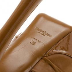 Pre Owned Saint Laurent Paris Beige Patent Leather 'Palais B 105' Peep Toe Bow Platform Pumps Size 39