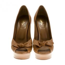 Pre Owned Saint Laurent Paris Beige Patent Leather 'Palais B 105' Peep Toe Bow Platform Pumps Size 39
