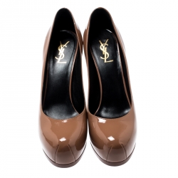 مملوكة مسبقًا حذاء كعب عالي سان لوران باريس نعل سميك تريبتو جلد لامع بيج مقاس 39.5