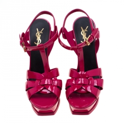 Pre Owned Saint Laurent Paris Pink Leather Tribute Platform Sandals Size 36.5