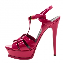 Pre Owned Saint Laurent Paris Pink Leather Tribute Platform Sandals Size 36.5