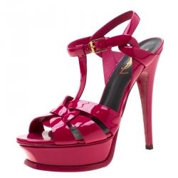 Pre Owned Saint Laurent Paris Pink Leather Tribute Platform Sandals Size 36.5