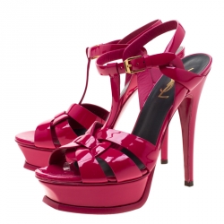 Pre Owned Saint Laurent Paris Pink Leather Tribute Platform Sandals Size 36.5