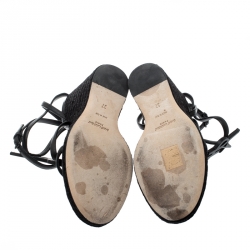 Pre Owned صندل سان لوران باريس كاساندرا كعب روكي اسبادريل مقدمة مفتوحة جلد أسود مقاس 37