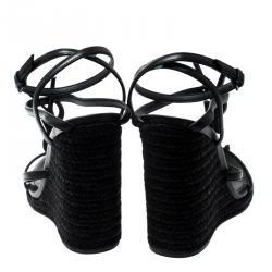 Pre Owned صندل سان لوران باريس كاساندرا كعب روكي اسبادريل مقدمة مفتوحة جلد أسود مقاس 37