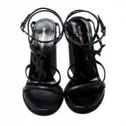 Pre Owned صندل سان لوران باريس كاساندرا كعب روكي اسبادريل مقدمة مفتوحة جلد أسود مقاس 37