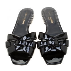 Pre Owned صندل سلايد سان لوران باريس تريبوت جلد أسود لامع مقاس 37