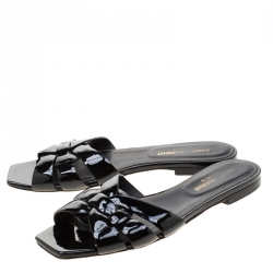 Pre Owned صندل سلايد سان لوران باريس تريبوت جلد أسود لامع مقاس 37