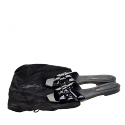 Pre Owned صندل سلايد سان لوران باريس تريبوت جلد أسود لامع مقاس 37