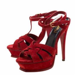 Pre Owned صندل سان لوران باريس نعل سميك تريبوت جلد أحمر نعل سميك مقاس 38