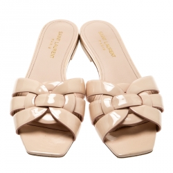 Pre Owned Saint Laurent Paris Beige Patent Leather Tribute Flats 38