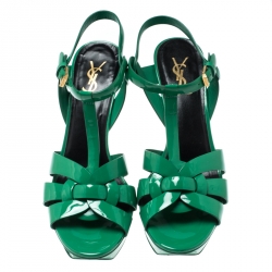 Pre Owned Saint Laurent Paris Green Patent Leather Tribute Platform Sandals Size 40