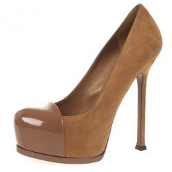 مملوكة مسبقًا Saint Laurent Paris Nude Suede And Patent Leather Cap Toe Tribtoo Platform Pumps Size 38