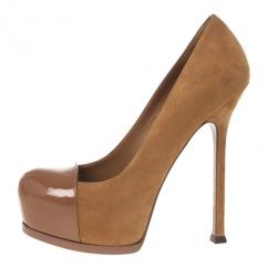 مملوكة مسبقًا Saint Laurent Paris Nude Suede And Patent Leather Cap Toe Tribtoo Platform Pumps Size 38