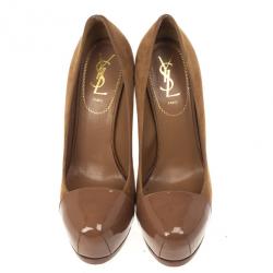 مملوكة مسبقًا Saint Laurent Paris Nude Suede And Patent Leather Cap Toe Tribtoo Platform Pumps Size 38