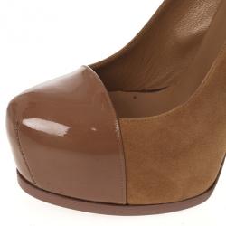 مملوكة مسبقًا Saint Laurent Paris Nude Suede And Patent Leather Cap Toe Tribtoo Platform Pumps Size 38