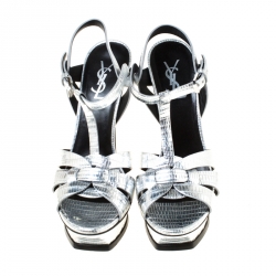 مملوكة مسبقًا صندل سان لوران باريس نعل سميك تريبيوت جلد بني مقاس 38.5