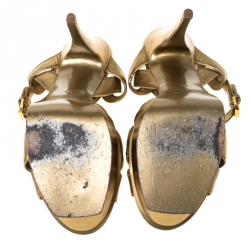 Pre Owned صندل سان لوران باريس نعل سميك تريبيوت جلد ذهبي ميتالك  مقاس 40