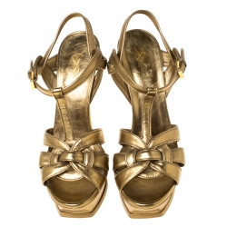 Pre Owned صندل سان لوران باريس نعل سميك تريبيوت جلد ذهبي ميتالك  مقاس 40
