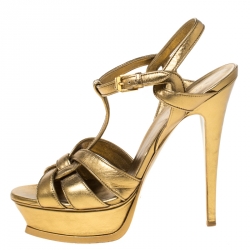 Pre Owned صندل سان لوران باريس نعل سميك تريبيوت جلد ذهبي ميتالك  مقاس 40
