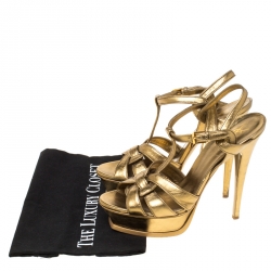Pre Owned صندل سان لوران باريس نعل سميك تريبيوت جلد ذهبي ميتالك  مقاس 40