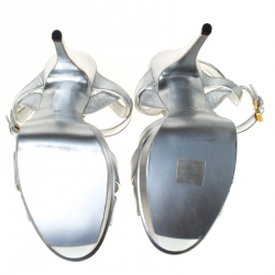 Pre Owned Saint Laurent Paris Silver Metallic Leather Tribute Platform Sandals Size 40