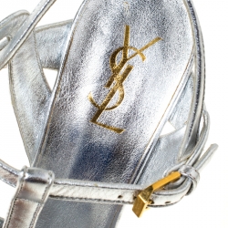 Pre Owned Saint Laurent Paris Silver Metallic Leather Tribute Platform Sandals Size 40