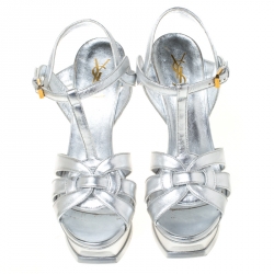 Pre Owned Saint Laurent Paris Silver Metallic Leather Tribute Platform Sandals Size 40