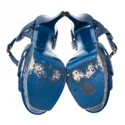 مملوكة مسبقًا Saint Laurent Paris Blue Crocodile Embossed Leather Tribute Platform Sandals Size 38.5