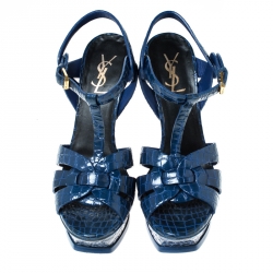 مملوكة مسبقًا Saint Laurent Paris Blue Crocodile Embossed Leather Tribute Platform Sandals Size 38.5