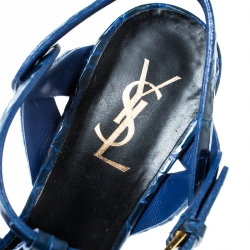 مملوكة مسبقًا Saint Laurent Paris Blue Crocodile Embossed Leather Tribute Platform Sandals Size 38.5